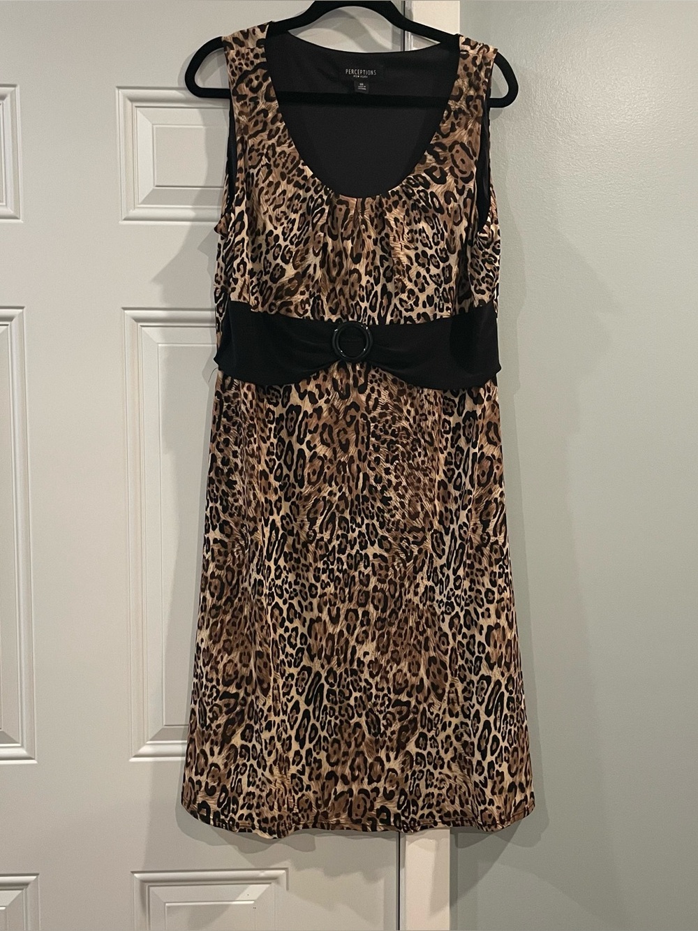 Perceptions New York Leopard Print Sleeveless Dress with Black Waist Detail